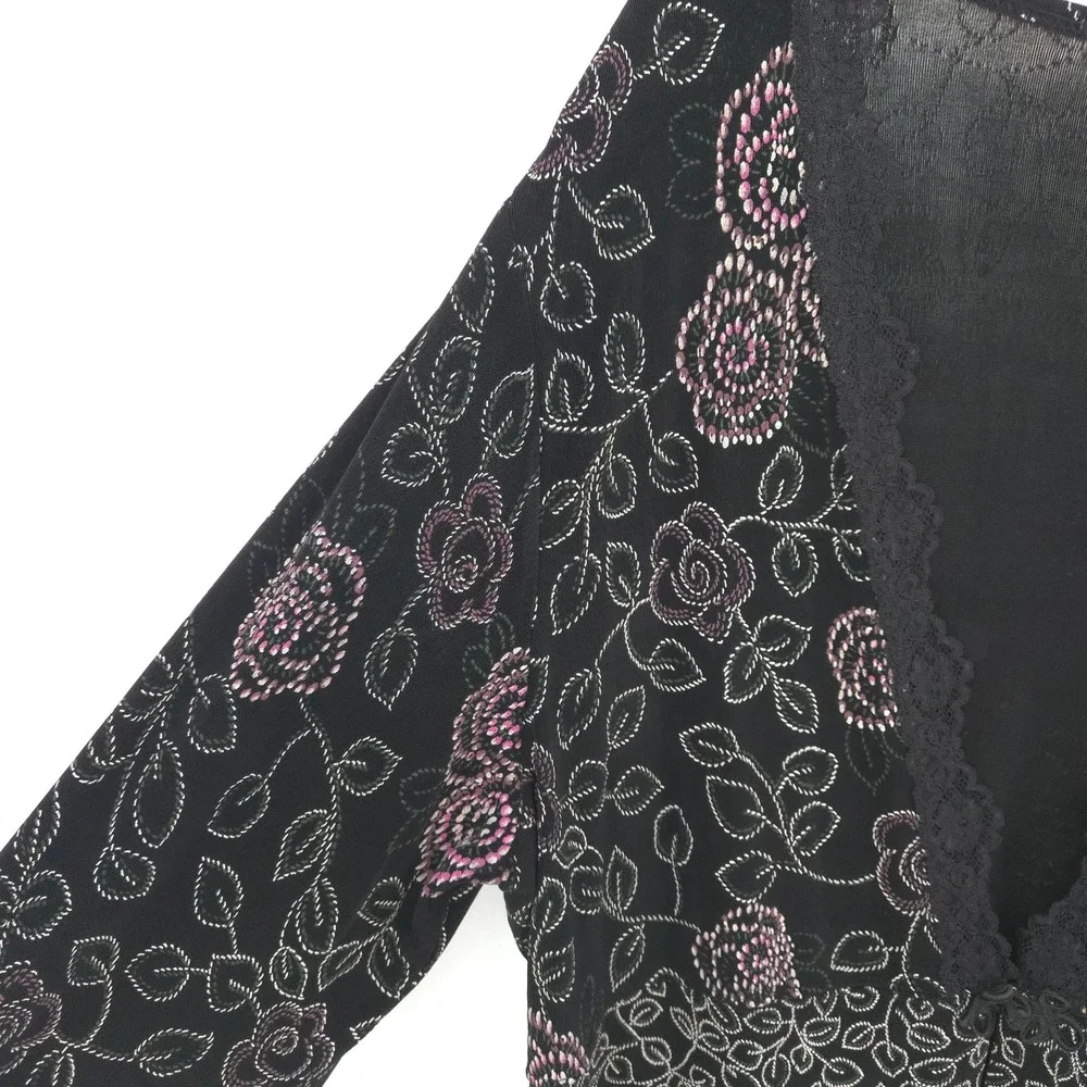 Vikki Vi Cardigan Top Women 2X Black Pink Floral Lace Trim Boho Whimsigoth